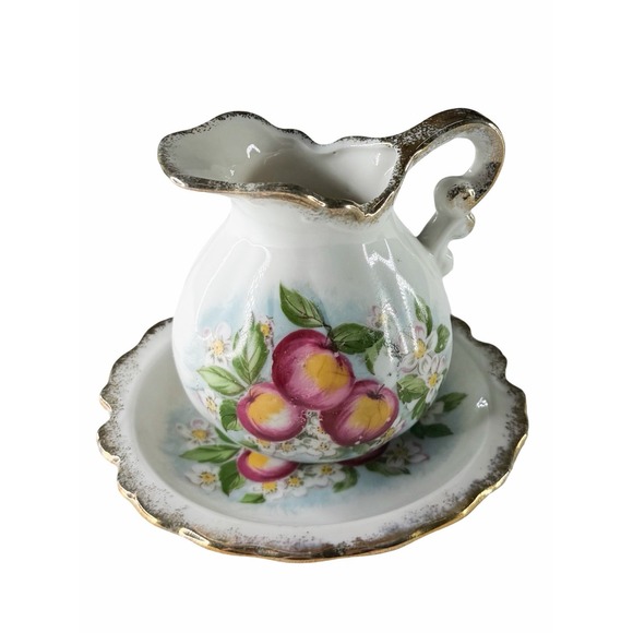 Other - Vintage Hand Painted Creamer Underplate Set Pink Apples Gold Trim Porcelain EUC